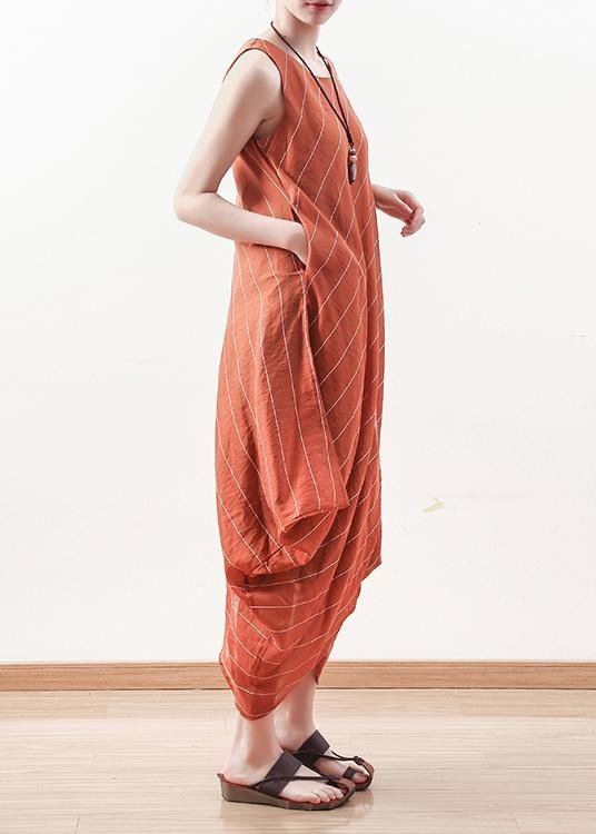 DIY sleeveless linen Long Shirts Inspiration orange o neck Dresses summer