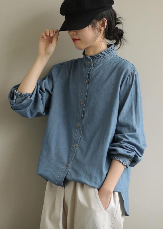 DIY stand collar Button Down top Fashion Ideas blue blouses