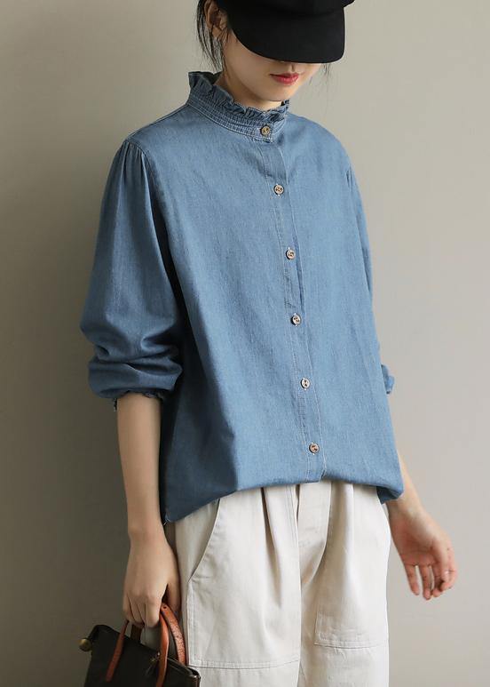 DIY stand collar Button Down top Fashion Ideas blue blouses