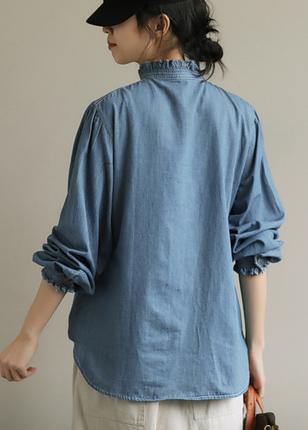 DIY stand collar Button Down top Fashion Ideas blue blouses