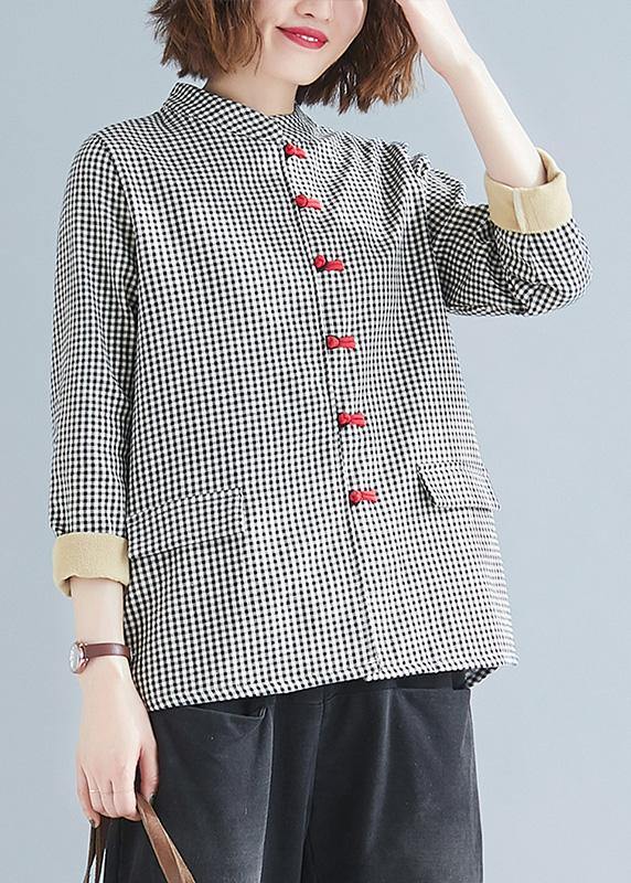 DIY stand collar pockets linen Blouse gray plaid top