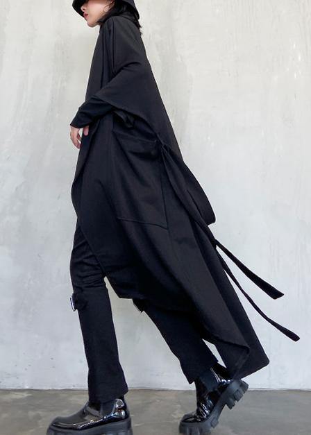 DIY tie waist asymmetric Fashion coat for woman black Art coats