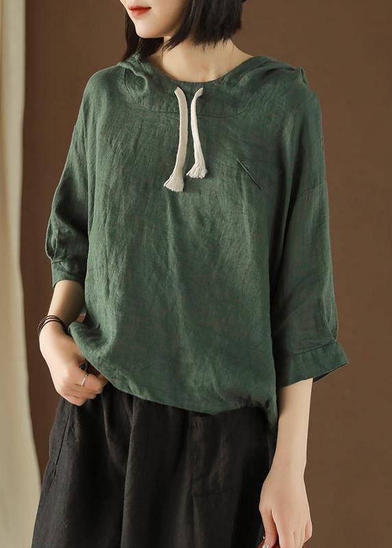 DIY tunic top Plus Size Linen Summer Literary army green Hooded Three Quarter Sleeve T-shirt