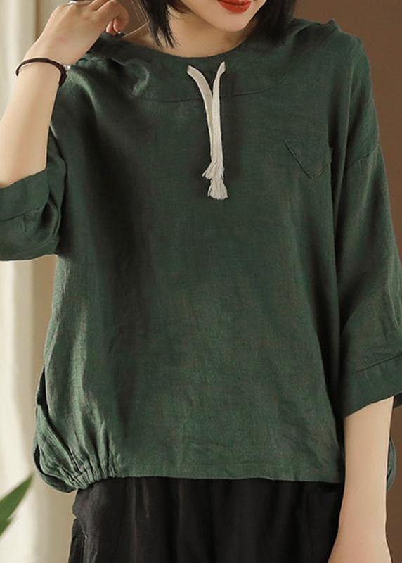 DIY tunic top Plus Size Linen Summer Literary army green Hooded Three Quarter Sleeve T-shirt