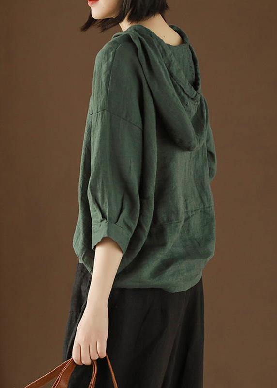 DIY tunic top Plus Size Linen Summer Literary army green Hooded Three Quarter Sleeve T-shirt