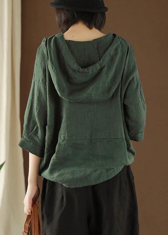 DIY tunic top Plus Size Linen Summer Literary army green Hooded Three Quarter Sleeve T-shirt