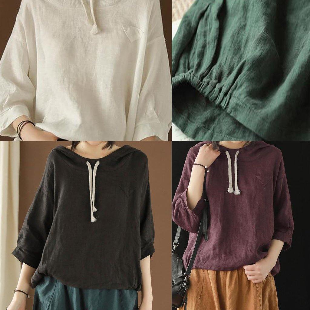 DIY tunic top Plus Size Linen Summer Literary army green Hooded Three Quarter Sleeve T-shirt