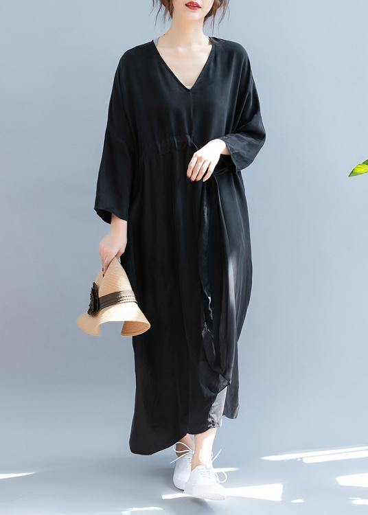 DIY v neck drawstring summer dress Sewing black Kaftan Dress