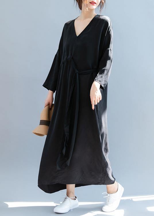 DIY v neck drawstring summer dress Sewing black Kaftan Dress