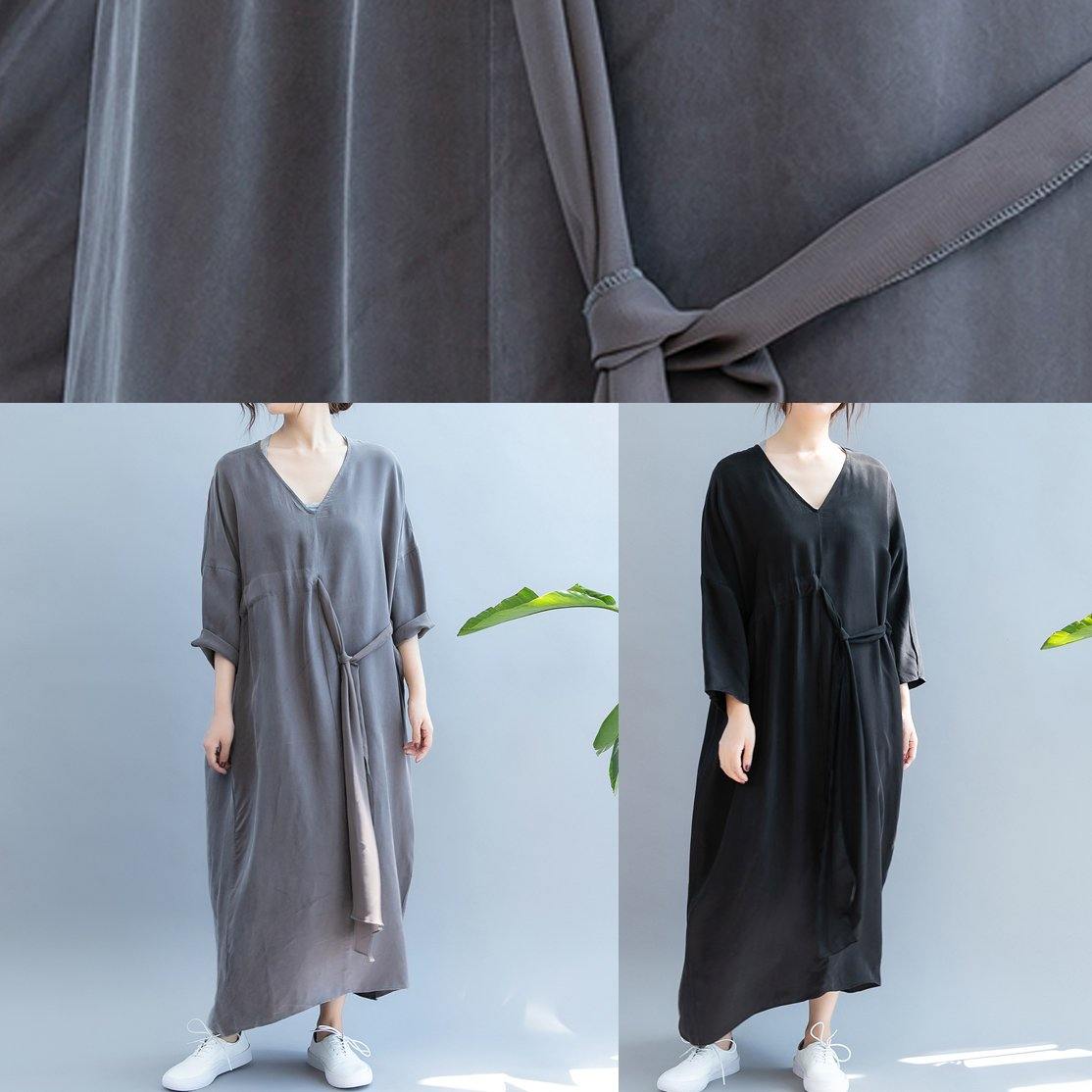 DIY v neck drawstring summer dress Sewing black Kaftan Dress