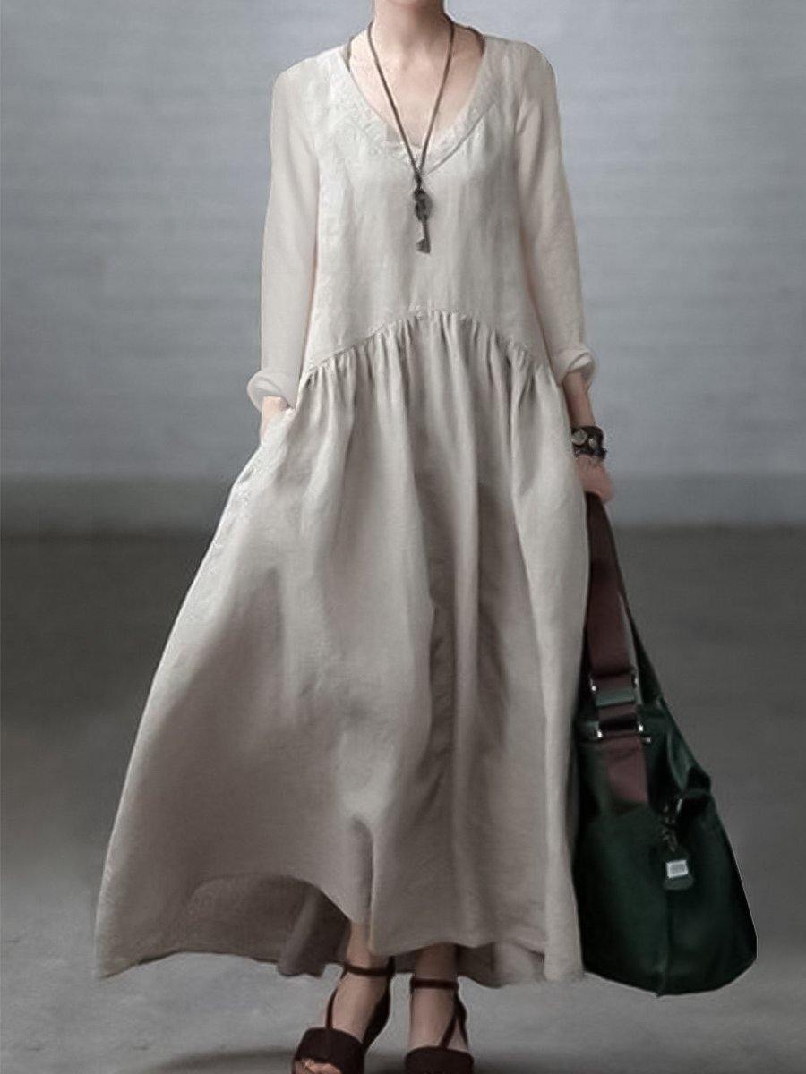 Ivory-dandelion Simple and Loose V-neck Cotton and Linen Dress