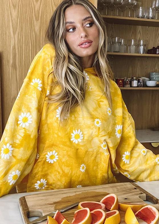 Daisy Print Tie Dye Hoodies Women Yellow Sweatshirts