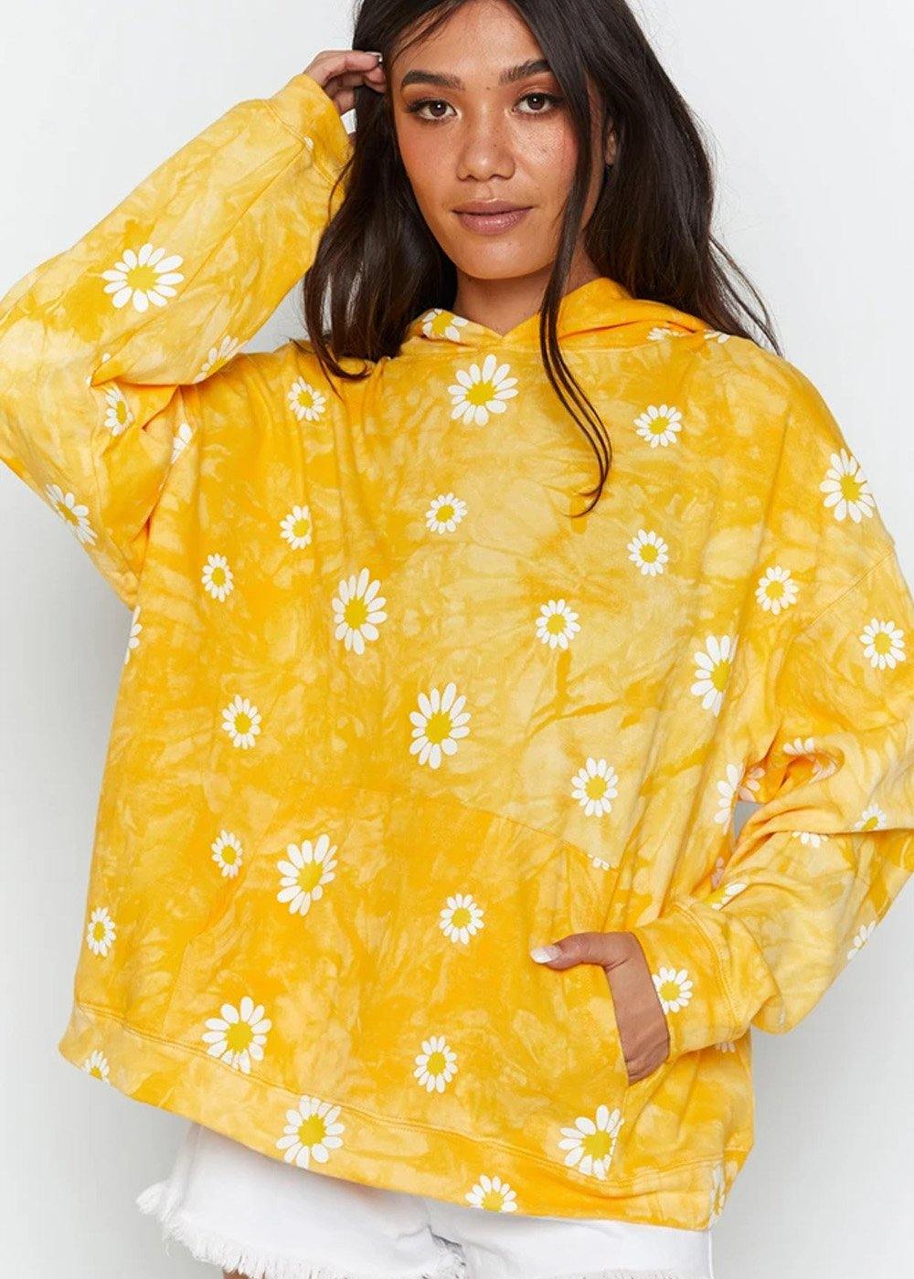 Daisy Print Tie Dye Hoodies Women Yellow Sweatshirts