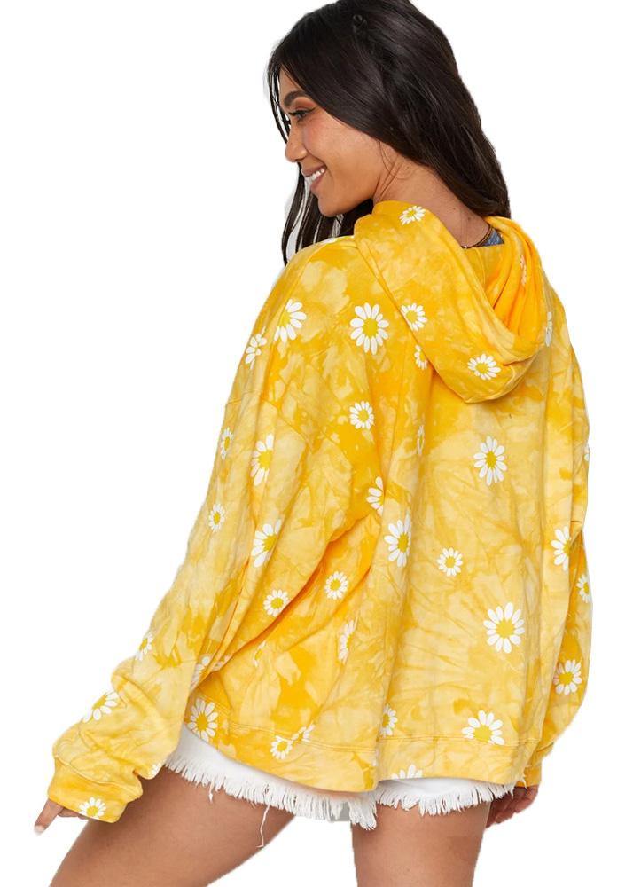 Daisy Print Tie Dye Hoodies Women Yellow Sweatshirts