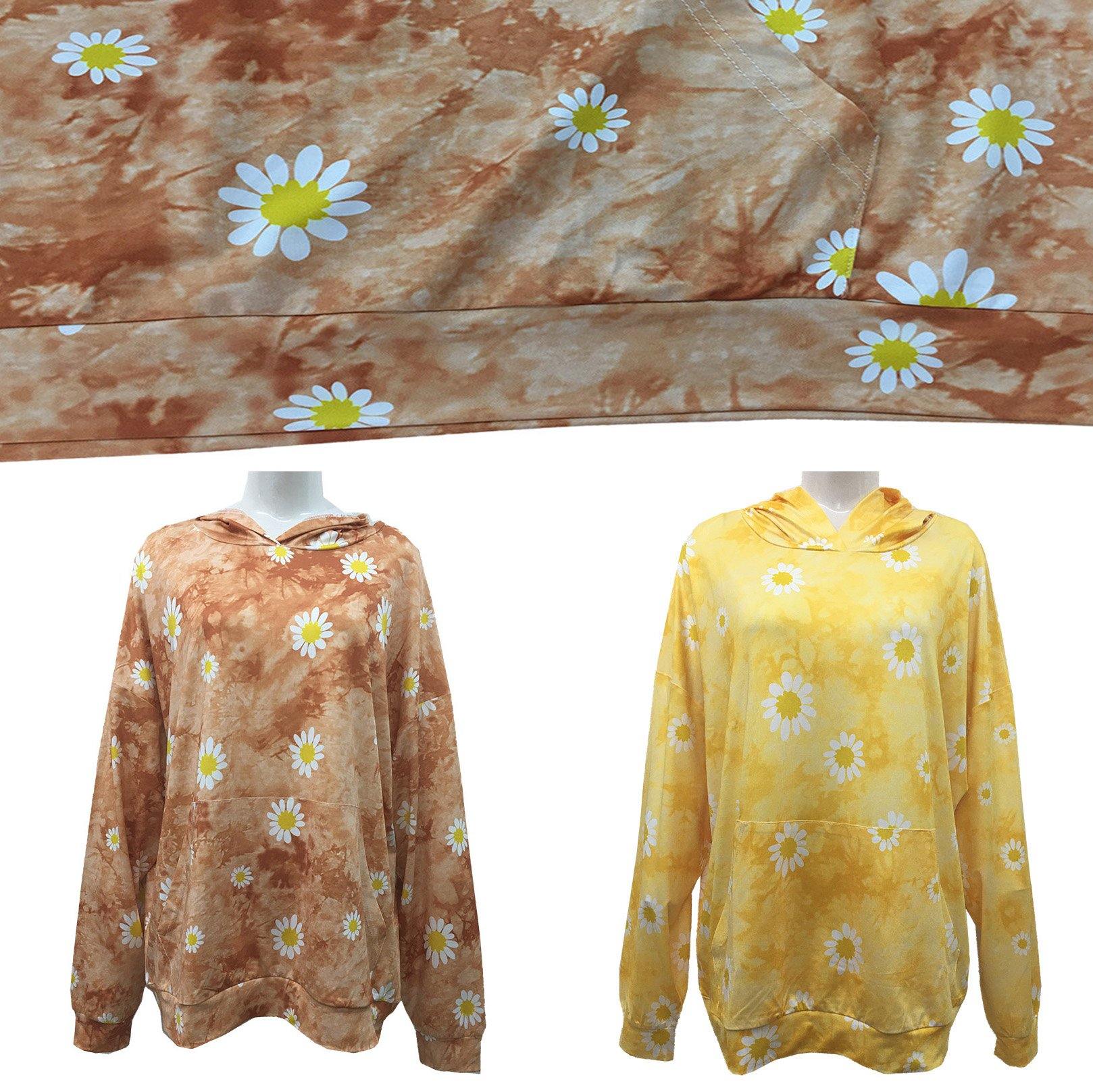 Daisy Print Tie Dye Hoodies Women Yellow Sweatshirts