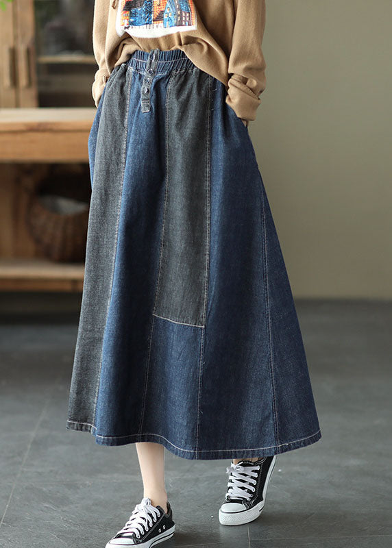 Dark Blue Denim Skirt Elastic Waist Button Spring