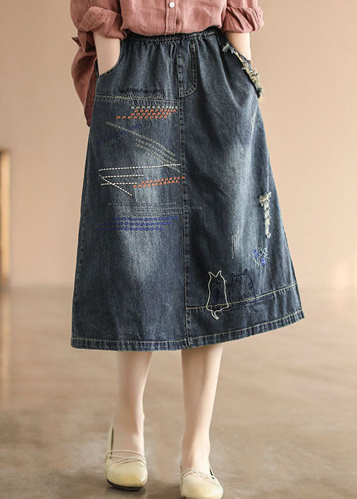 Dark Blue Elastic Waist Embroideried Cotton Denim Ripped Skirts Summer