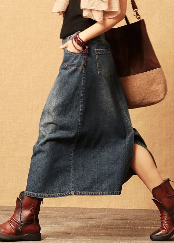 Dark Blue Patchwork Cotton Denim Skirt High Waist Side Open Summer