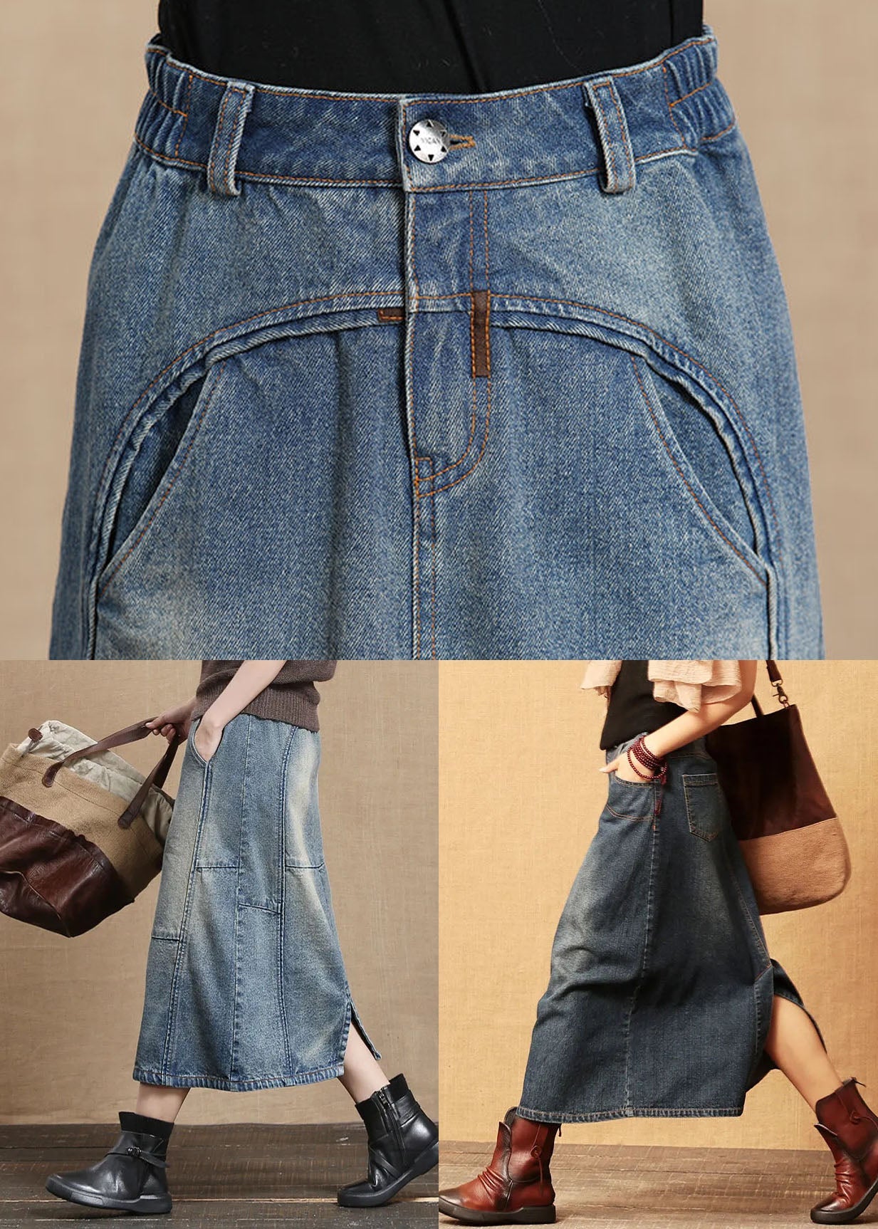 Dark Blue Patchwork Cotton Denim Skirt High Waist Side Open Summer