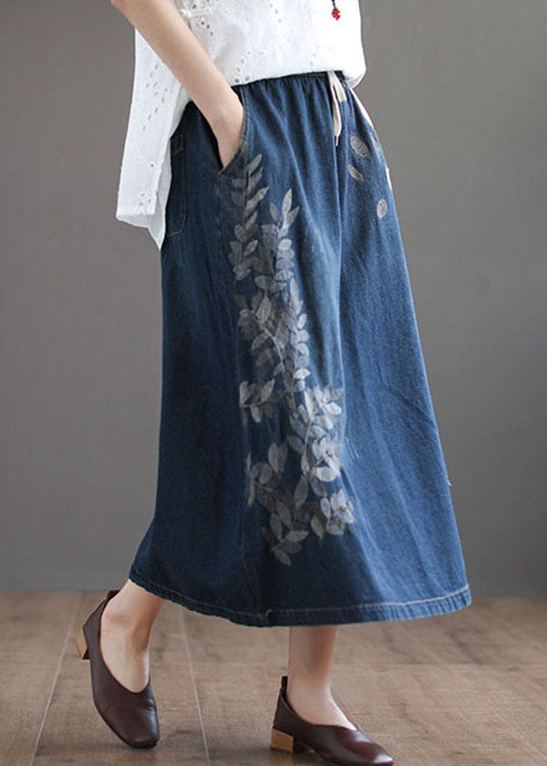 Dark Blue Pockets Cotton Denim Skirt Elastic Waist Ripped Summer