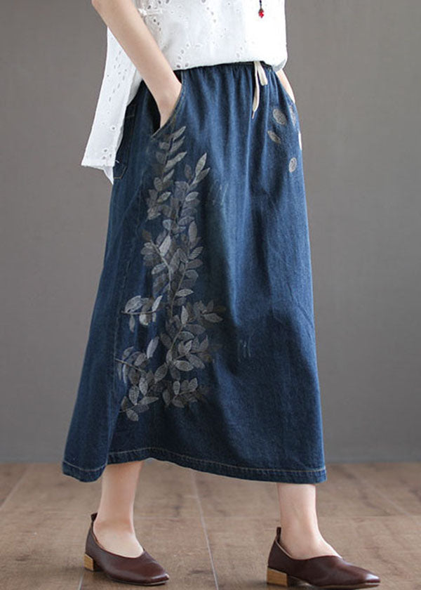 Dark Blue Pockets Cotton Denim Skirt Elastic Waist Ripped Summer