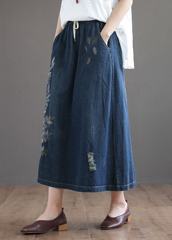 Dark Blue Pockets Cotton Denim Skirt Elastic Waist Ripped Summer