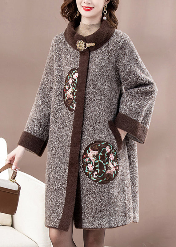 Dark Brown Mink Velvet Woolen Coats Stand Collar Spring