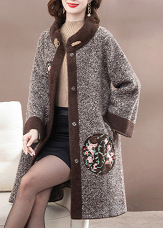 Dark Brown Mink Velvet Woolen Coats Stand Collar Spring