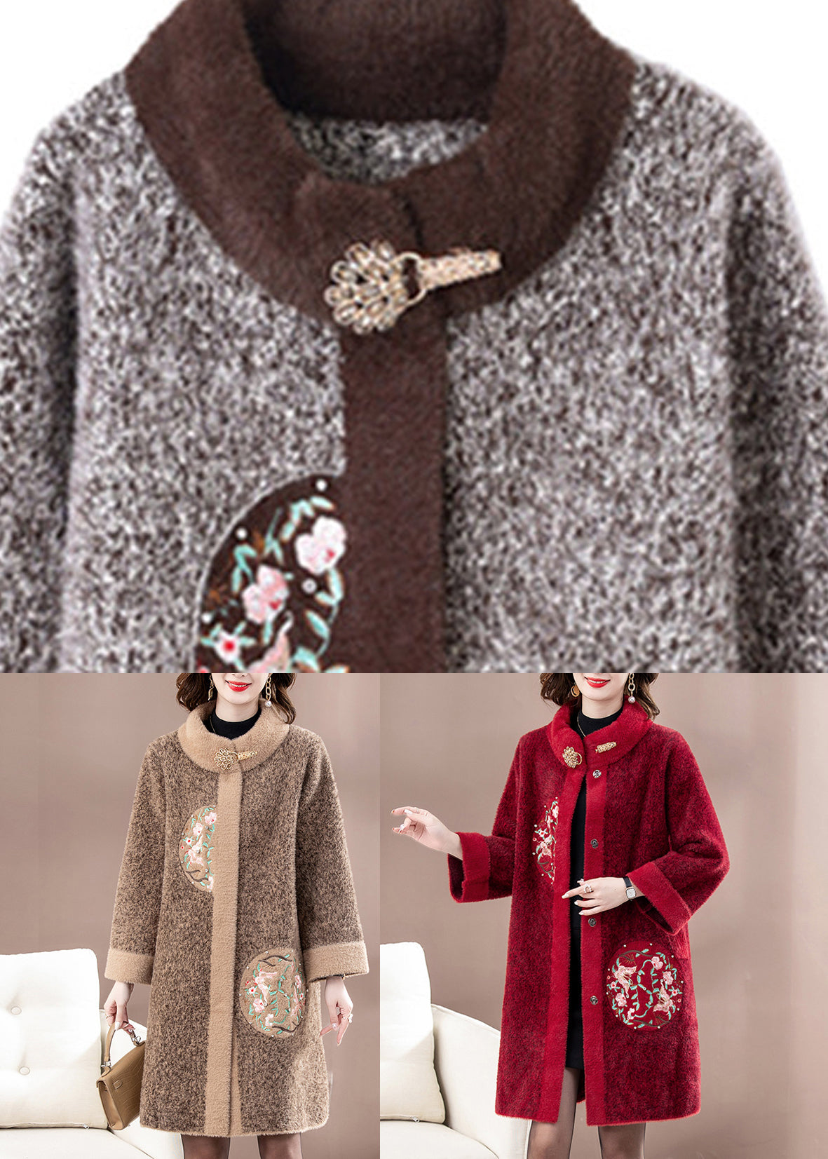 Dark Brown Mink Velvet Woolen Coats Stand Collar Spring