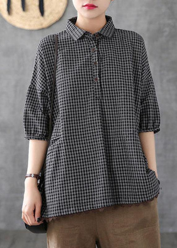 Dark Grey Peter Pan Collar Button Pockets Fall Plaid Half Sleeve Top