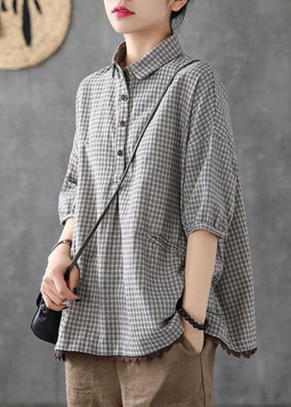 Dark Grey Peter Pan Collar Button Pockets Fall Plaid Half Sleeve Top