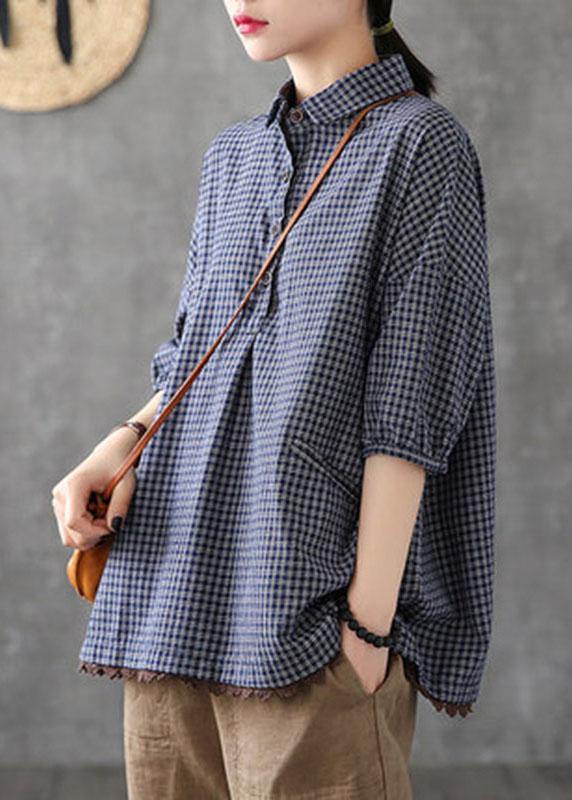 Dark Grey Peter Pan Collar Button Pockets Fall Plaid Half Sleeve Top