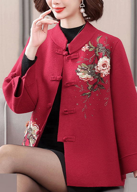 Dark Red Patchwork Button Woolen Coat Spring