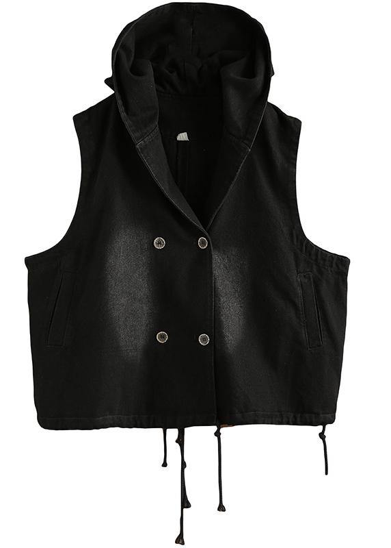 Denim Black Waistcoat 2025 Autumn Loose Large Size Tooling Double Breasted Hooded Vest