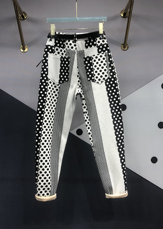 Diy Black White Dot Pockets Patchwork Denim Pants Fall