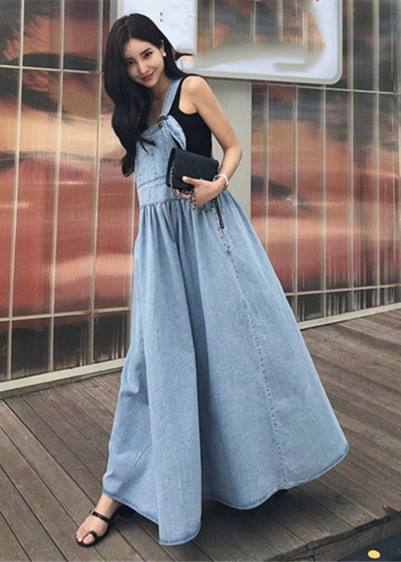 Diy Blue Slash Neck Wrinkled Pockets Denim Dress Sleeveless