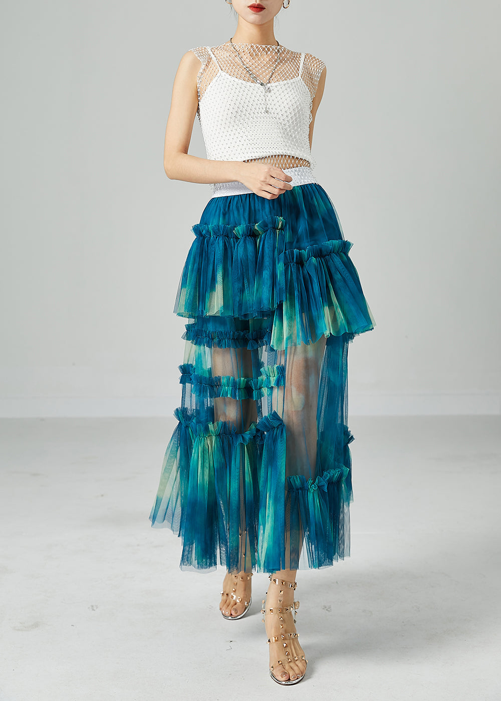 Diy Peacock Blue Asymmetrical Tie Dye Wrinkled Tulle Skirt Summer