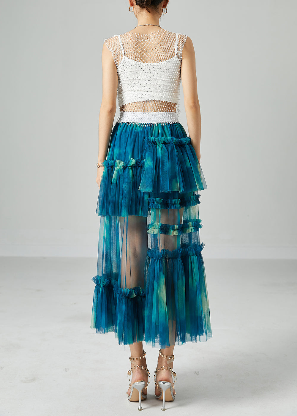 Diy Peacock Blue Asymmetrical Tie Dye Wrinkled Tulle Skirt Summer