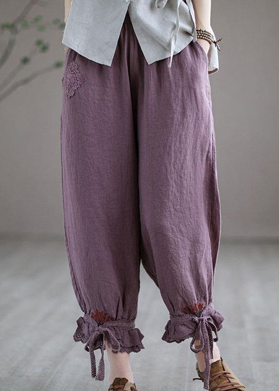 Diy Purple Casual Embroideried Summer Harem Linen Pants