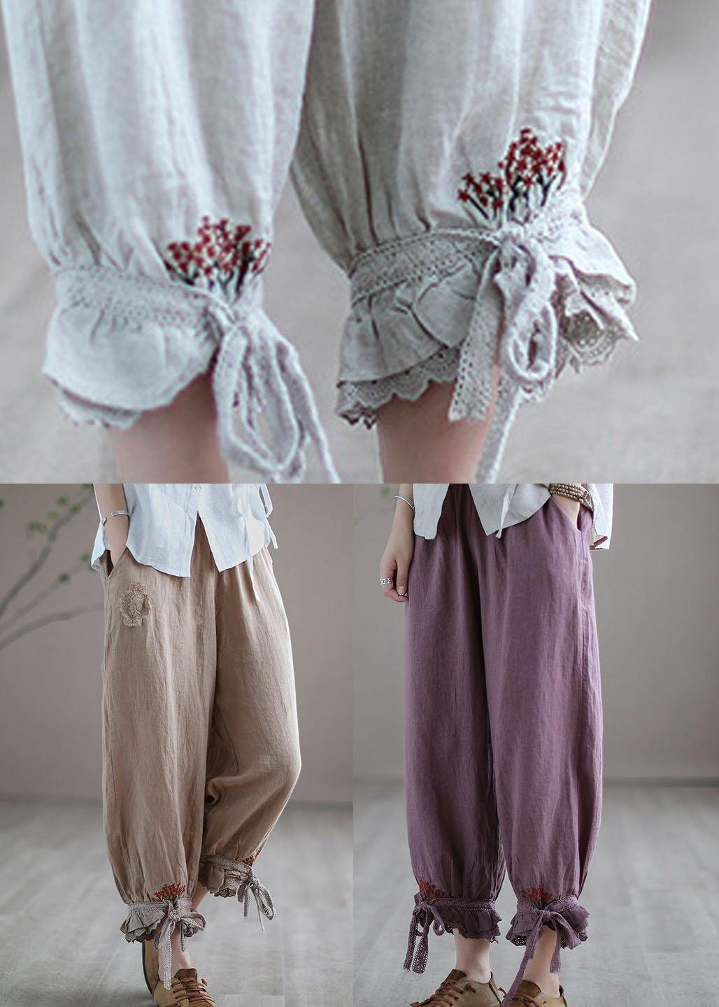 Diy Purple Casual Embroideried Summer Harem Linen Pants