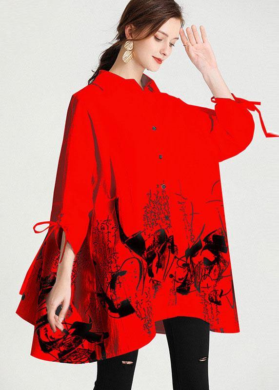 Diy Red Print Fashion Asymmetrical Design Pockets Top