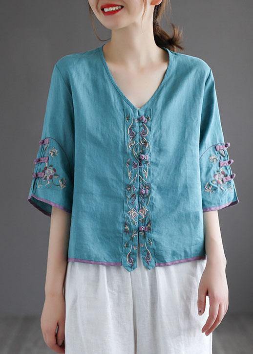 Diy White Button Embroideried Summer Linen Half Sleeve Shirt Top