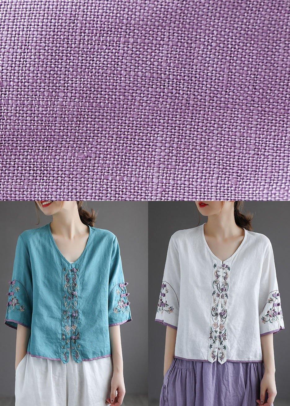 Diy White Button Embroideried Summer Linen Half Sleeve Shirt Top