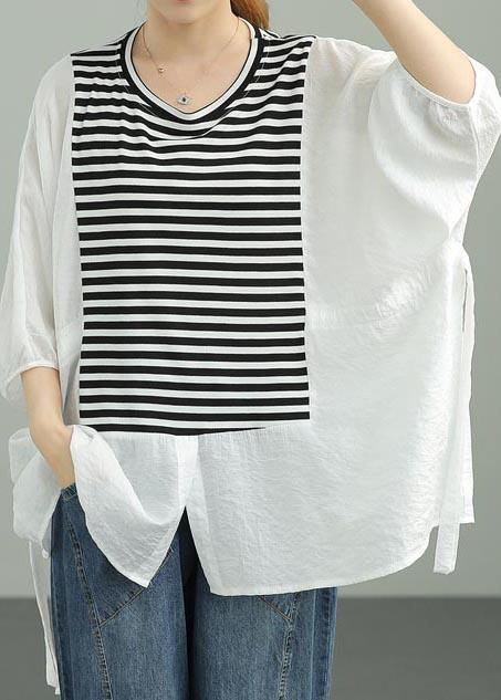 Diy White Patchwork Striped tie waist Cotton Summer Top