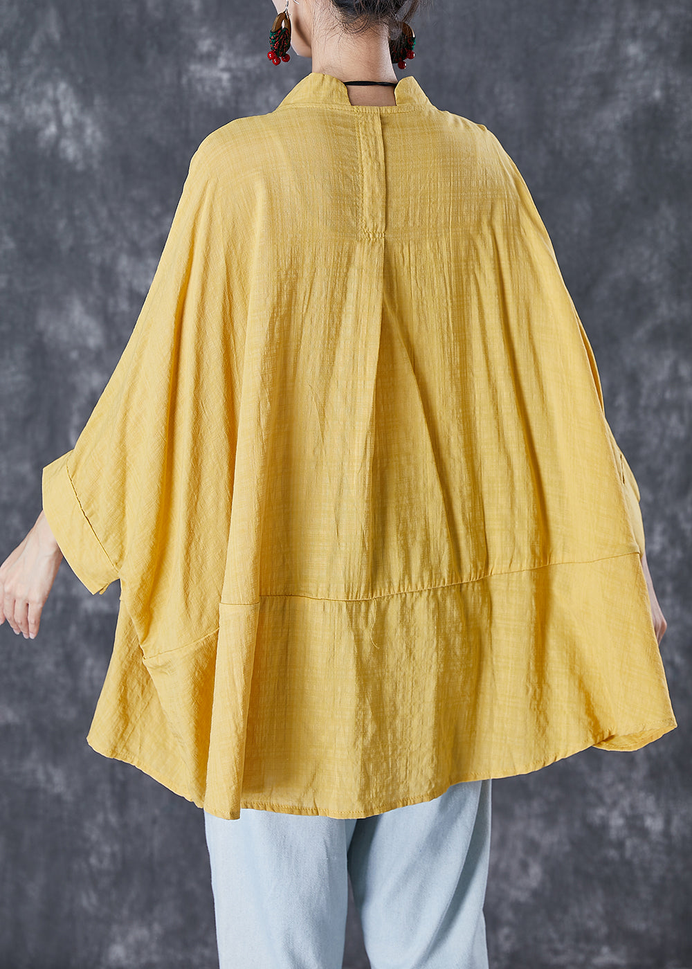 Diy Yellow Oversized Patchwork Linen Shirt Tops Batwing Sleeve