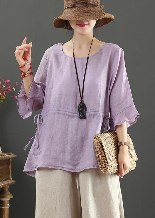 Drawstring Cotton Linen Flared Sleeve Summer Shirt