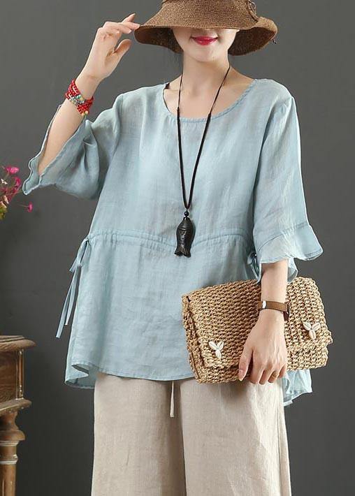 Drawstring Cotton Linen Flared Sleeve Summer Shirt