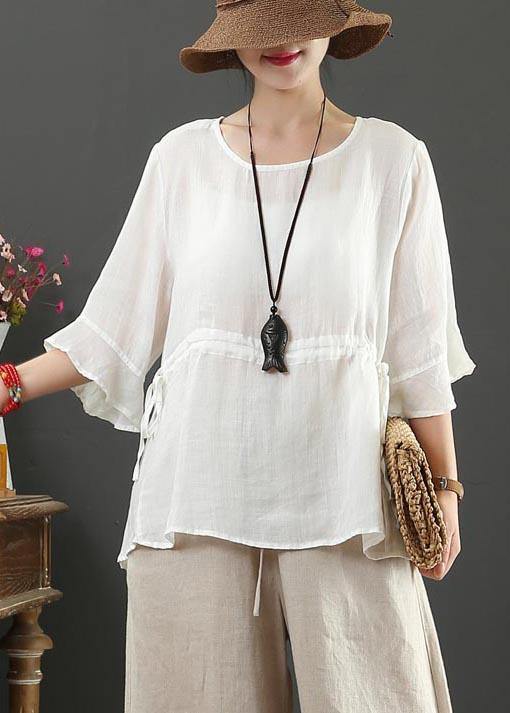 Drawstring Cotton Linen Flared Sleeve Summer Shirt