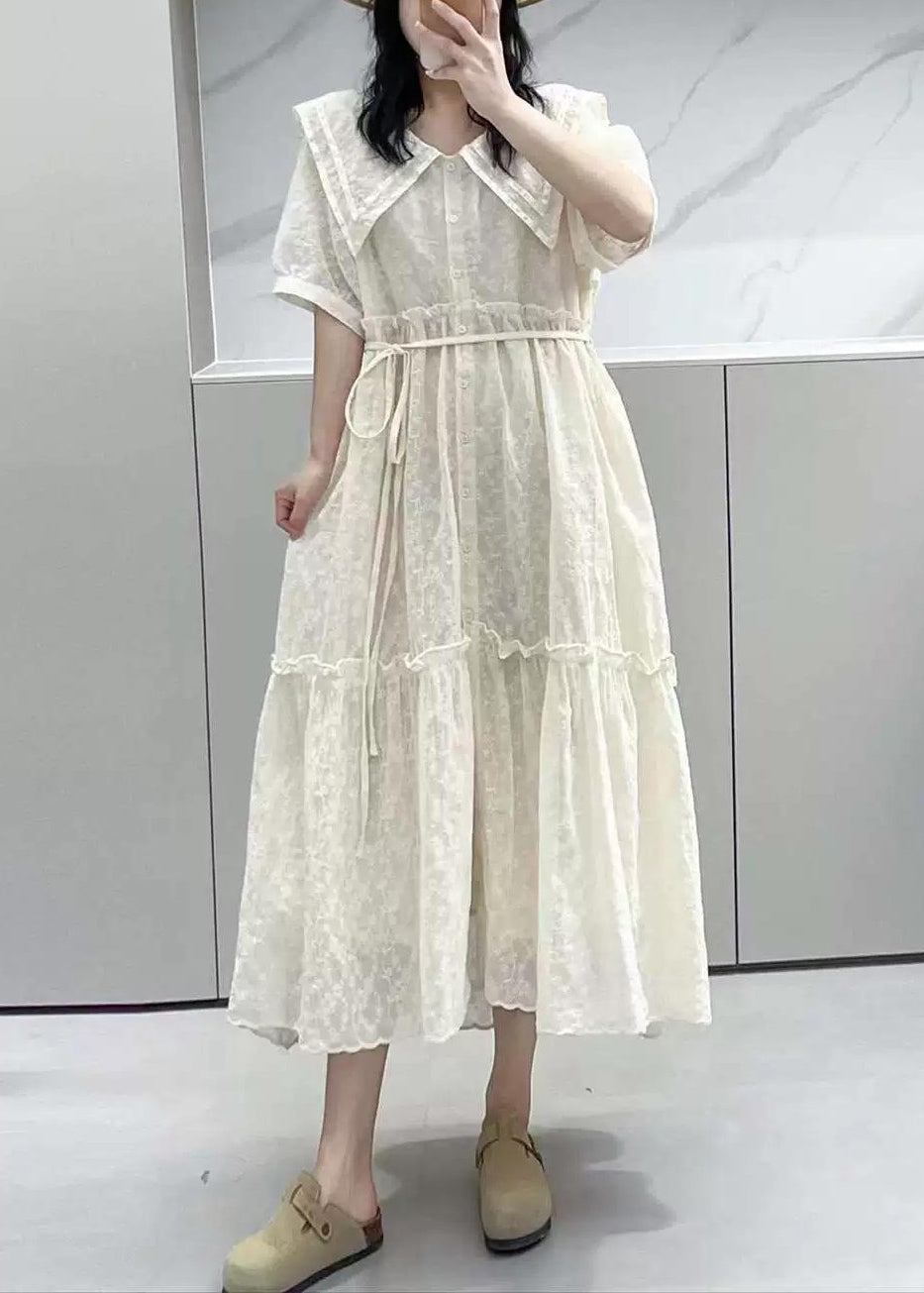 Elegant Apricot Ruffled Button Cotton Shirts Dresses Summer