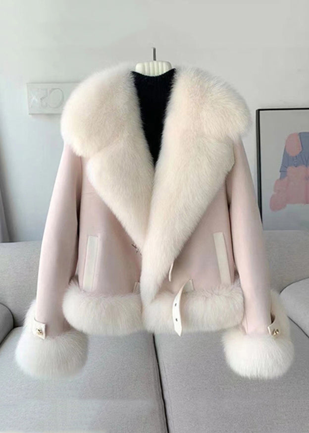 Elegant Beige Fur Collar Patchwork Woolen Coat Winter